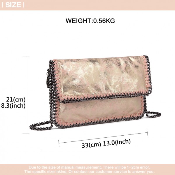 E6843 - Miss Lulu Leather Look Folded Metal Chain Clutch Shoulder Bag - Pink E6843 - Miss Lulu Leather Look Folded Metal Chain Clutch Shoulder Bag - Pink