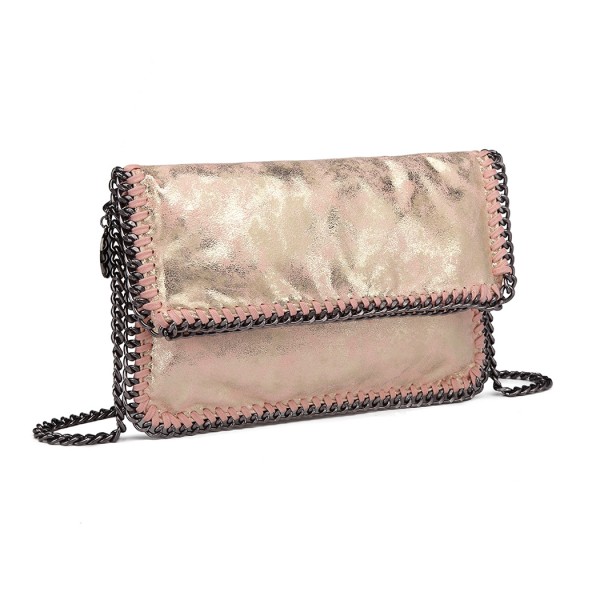 E6843 - Miss Lulu Leather Look Folded Metal Chain Clutch Shoulder Bag - Pink E6843 - Miss Lulu Leather Look Folded Metal Chain Clutch Shoulder Bag - Pink