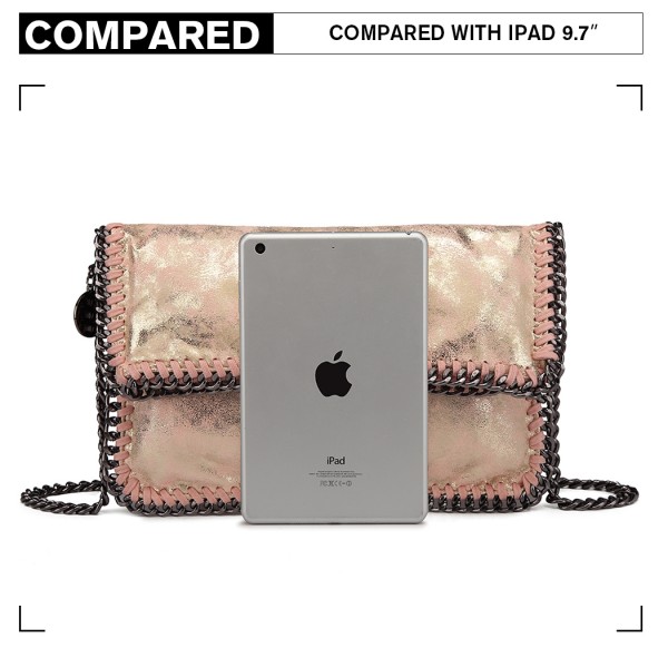 E6843 - Miss Lulu Leather Look Folded Metal Chain Clutch Shoulder Bag - Pink E6843 - Miss Lulu Leather Look Folded Metal Chain Clutch Shoulder Bag - Pink