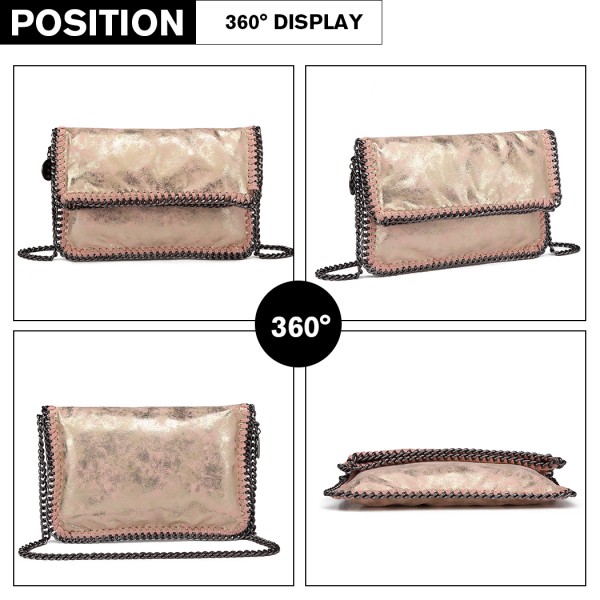 E6843 - Miss Lulu Leather Look Folded Metal Chain Clutch Shoulder Bag - Pink E6843 - Miss Lulu Leather Look Folded Metal Chain Clutch Shoulder Bag - Pink