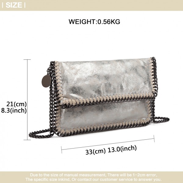 E6843 - Miss Lulu Leather Look Folded Metal Chain Clutch Shoulder Bag - Silver E6843 - Miss Lulu Leather Look Folded Metal Chain Clutch Shoulder Bag - Silver