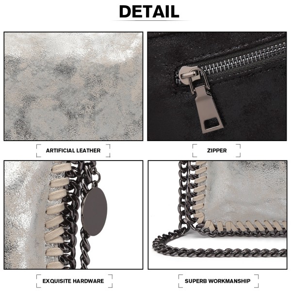 E6843 - Miss Lulu Leather Look Folded Metal Chain Clutch Shoulder Bag - Silver E6843 - Miss Lulu Leather Look Folded Metal Chain Clutch Shoulder Bag - Silver