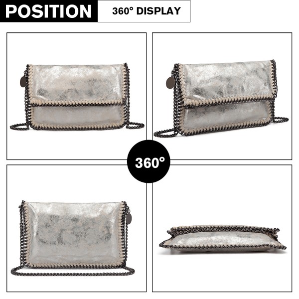 E6843 - Miss Lulu Leather Look Folded Metal Chain Clutch Shoulder Bag - Silver E6843 - Miss Lulu Leather Look Folded Metal Chain Clutch Shoulder Bag - Silver