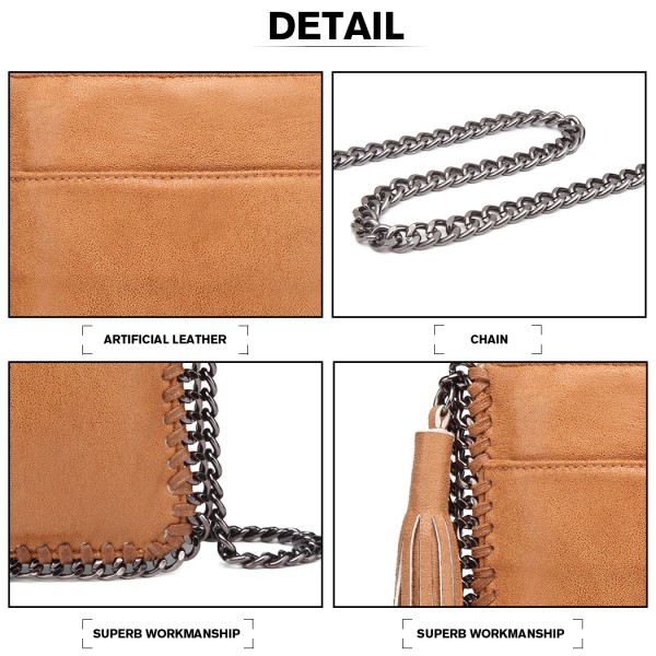 E6845 - Miss Lulu Leather Look Chain Shoulder Bag with Tassel Pendant - Brown