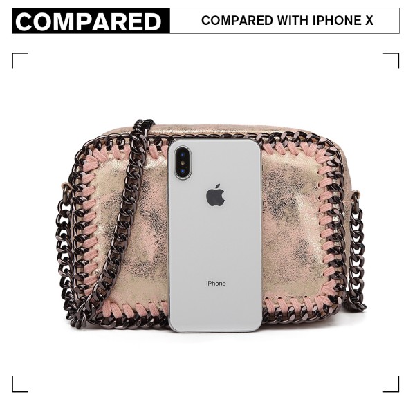 E6846 - Miss Lulu Metallic Effect Leather Look Chain Shoulder Bag - Pink