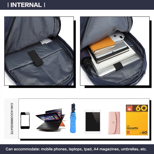 E6891 - Kono Waterproof Basic Backpack with USB Charging Port - Blue