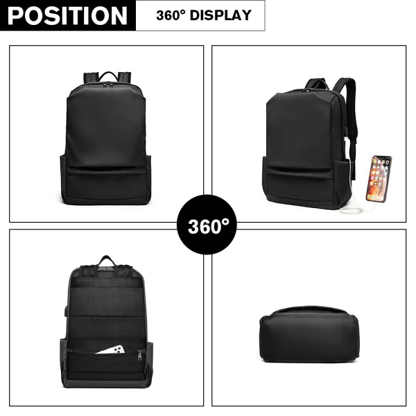 E6913 - Kono Water Resistant Travel Backpack with USB Charging Port - Black