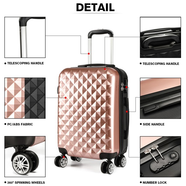K1992 - Kono Multifaceted Diamond Pattern Hard Shell 20 Inch Suitcase - Nude (Rose Gold)