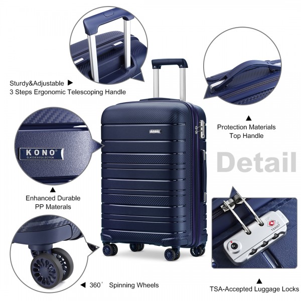 K2091L - Kono 28 Inch Multi Texture Hard Shell PP Suitcase - Classic Collection - Navy