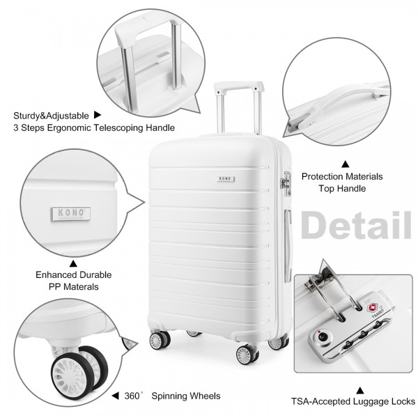 K2091L - Kono 20 Inch Multi Texture Hard Shell PP Suitcase - Classic Collection - White