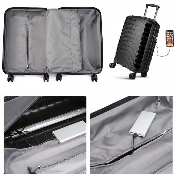 K2093 - Kono Cabin Size Classic Collection Polypropylene Luggage with Charging Interface - Black