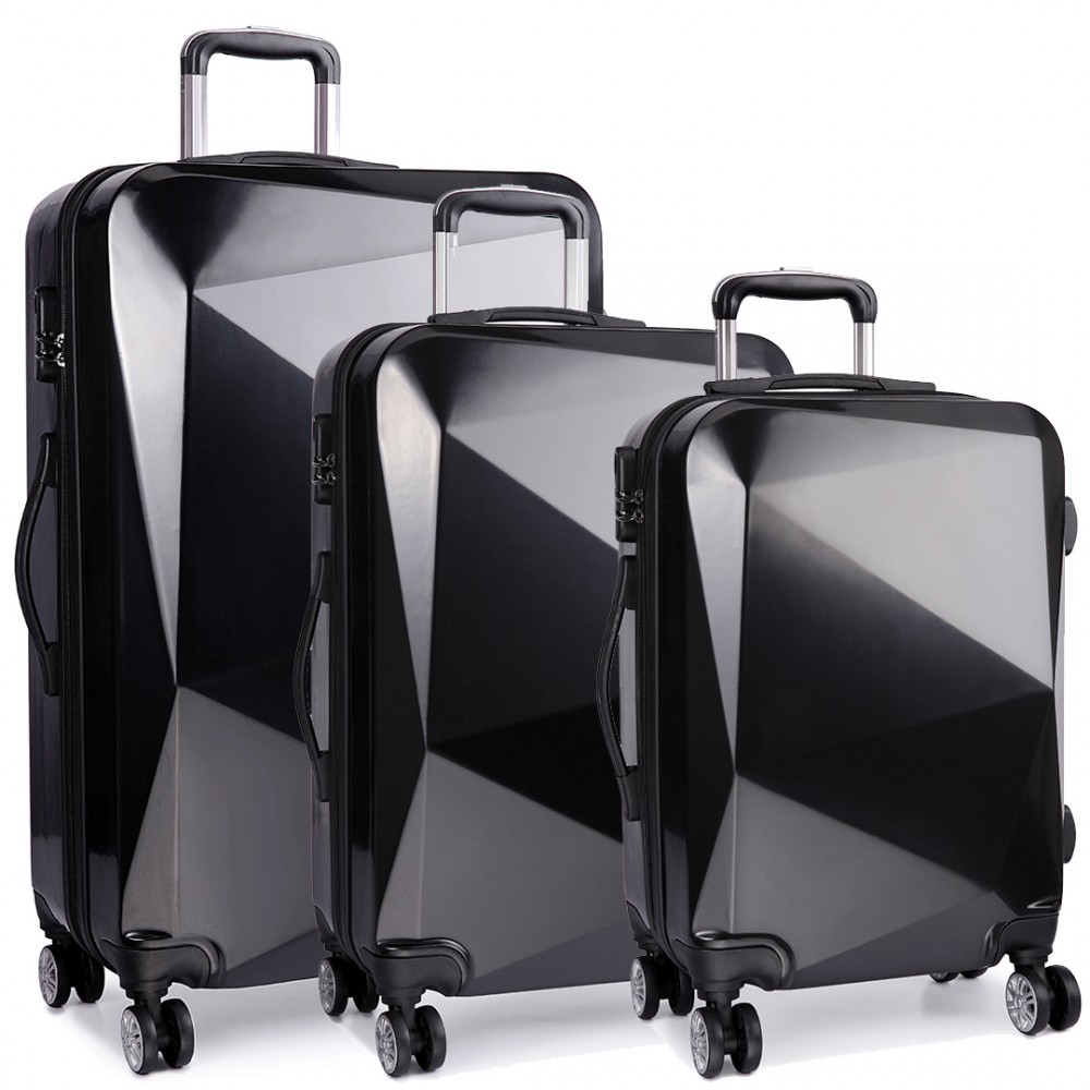 K6671L - Kono Hard Shell Suitcase Diamond Design 3 Piece Luggage Set Black
