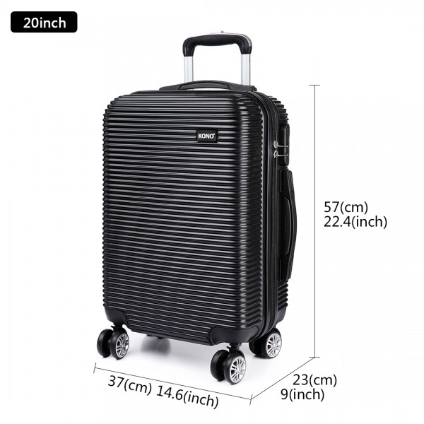K6676L - KONO 3 Piece Suitcase Horizontal Stripe Luggage Set - Black