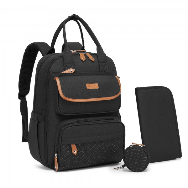BCK2615 - Kono 3-in-1 Mama-Rucksack-Set mit Wickelmatte & isolierter Schnullertasche - Schwarz