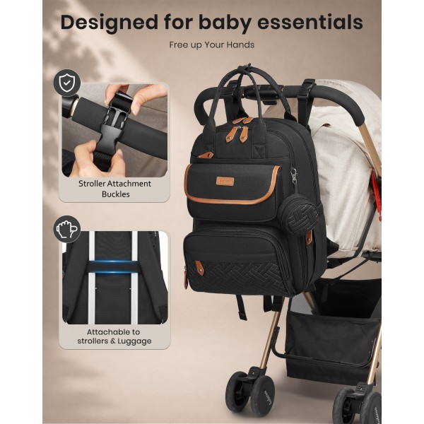 BCK2615 - Kono 3-in-1 Mama-Rucksack-Set mit Wickelmatte & isolierter Schnullertasche - Schwarz