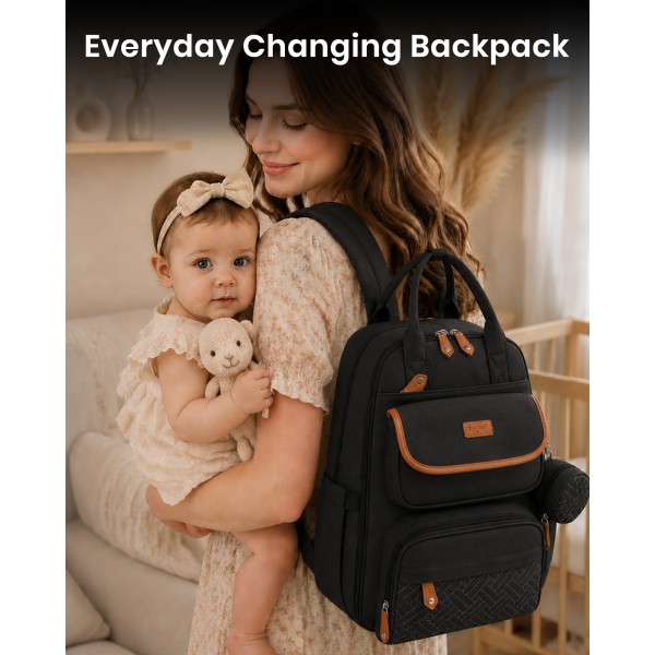 BCK2615 - Kono 3-in-1 Mama-Rucksack-Set mit Wickelmatte & isolierter Schnullertasche - Schwarz
