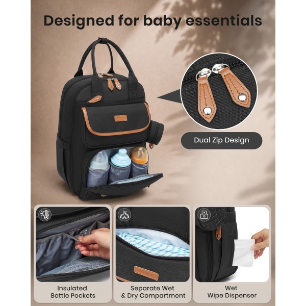 BCK2615 - Kono 3-in-1 Mama-Rucksack-Set mit Wickelmatte & isolierter Schnullertasche - Schwarz