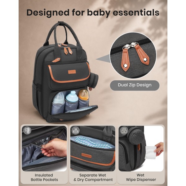 BCK2615 - Kono 3-in-1 Mama-Rucksack-Set mit Wickelmatte & isolierter Schnullertasche - Grau