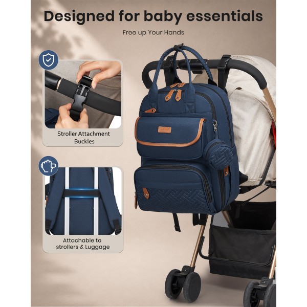 BCK2615 - Kono 3-in-1 Mama-Rucksack-Set mit Wickelmatte & isolierter Schnullertasche - Marineblau
