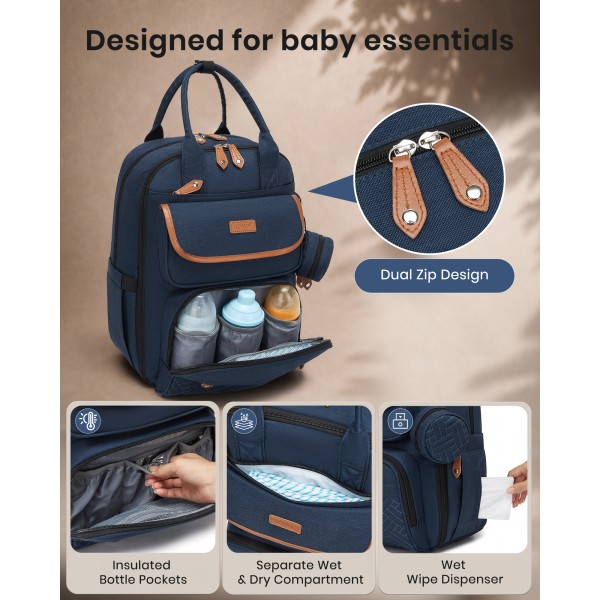 BCK2615 - Kono 3-in-1 Mama-Rucksack-Set mit Wickelmatte & isolierter Schnullertasche - Marineblau