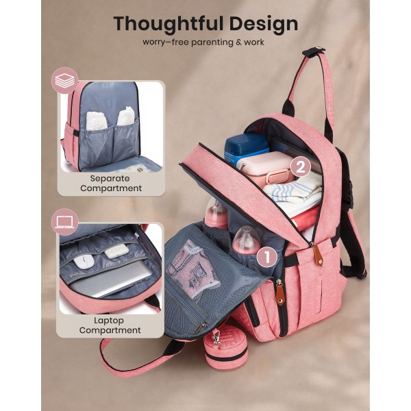 BCK2615 - Kono 3-in-1 Mama-Rucksack-Set mit Wickelmatte & isolierter Schnullertasche - Rosa