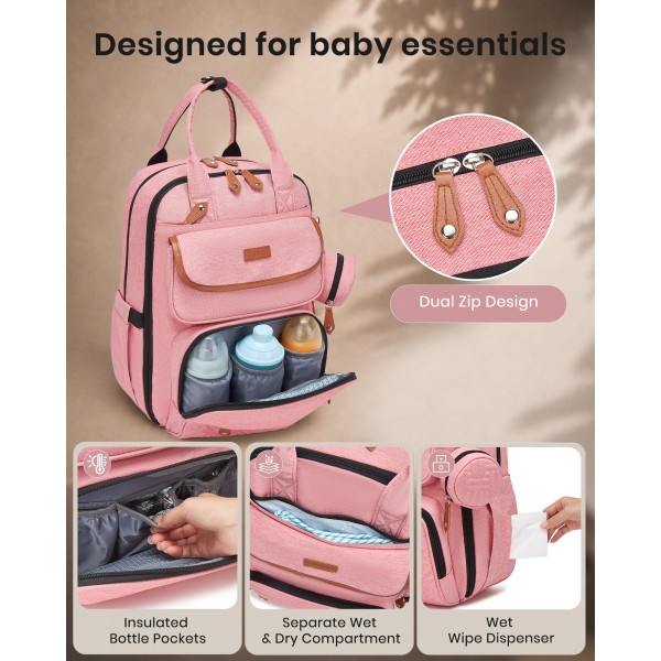 BCK2615 - Kono 3-in-1 Mama-Rucksack-Set mit Wickelmatte & isolierter Schnullertasche - Rosa