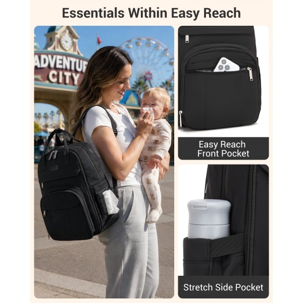 BCK2623 - Kono 2-in-1 Nappy Changing Backpack Set, Large Capacity Diaper Bag With Changing Mat - Black