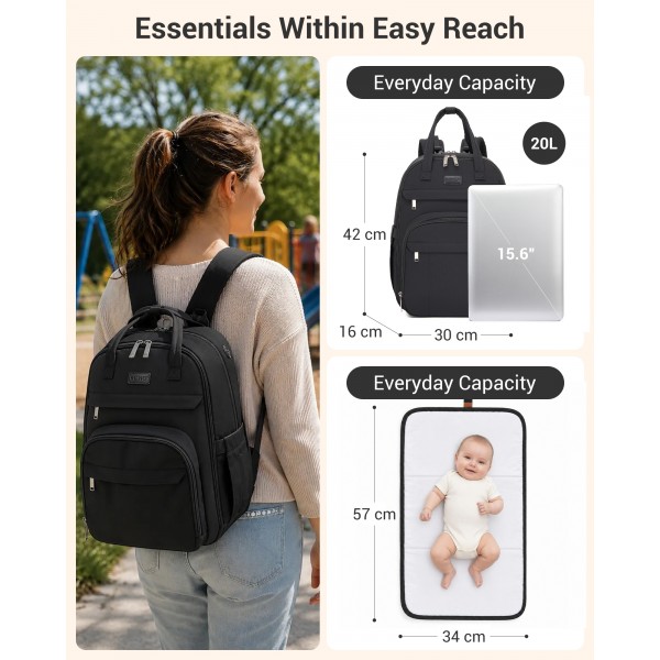 BCK2623 - Kono 2-in-1 Nappy Changing Backpack Set, Large Capacity Diaper Bag With Changing Mat - Black