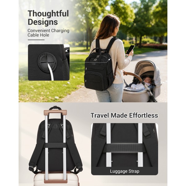 BCK2623 - Kono 2-in-1 Nappy Changing Backpack Set, Large Capacity Diaper Bag With Changing Mat - Black