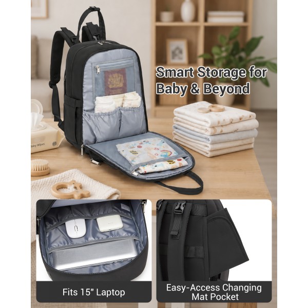 BCK2623 - Kono 2-in-1 Nappy Changing Backpack Set, Large Capacity Diaper Bag With Changing Mat - Black