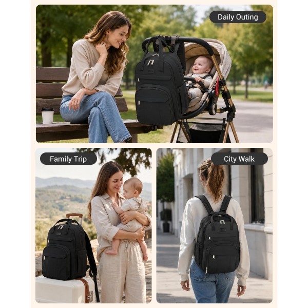 BCK2623 - Kono 2-in-1 Nappy Changing Backpack Set, Large Capacity Diaper Bag With Changing Mat - Black
