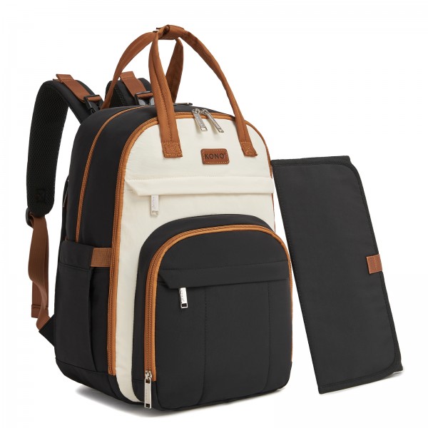 BCK2623 - Kono 2-in-1 Nappy Changing Backpack Set, Large Capacity Diaper Bag With Changing Mat - Black And Beige