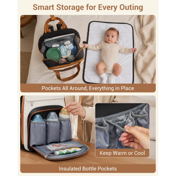 BCK2623 - Kono 2-in-1 Nappy Changing Backpack Set, Large Capacity Diaper Bag With Changing Mat - Black And Beige