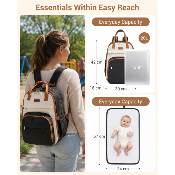 BCK2623 - Kono 2-in-1 Nappy Changing Backpack Set, Large Capacity Diaper Bag With Changing Mat - Black And Beige