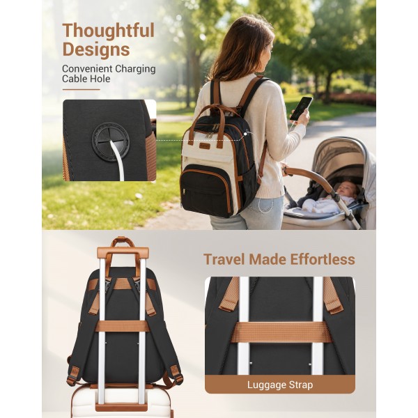 BCK2623 - Kono 2-in-1 Nappy Changing Backpack Set, Large Capacity Diaper Bag With Changing Mat - Black And Beige