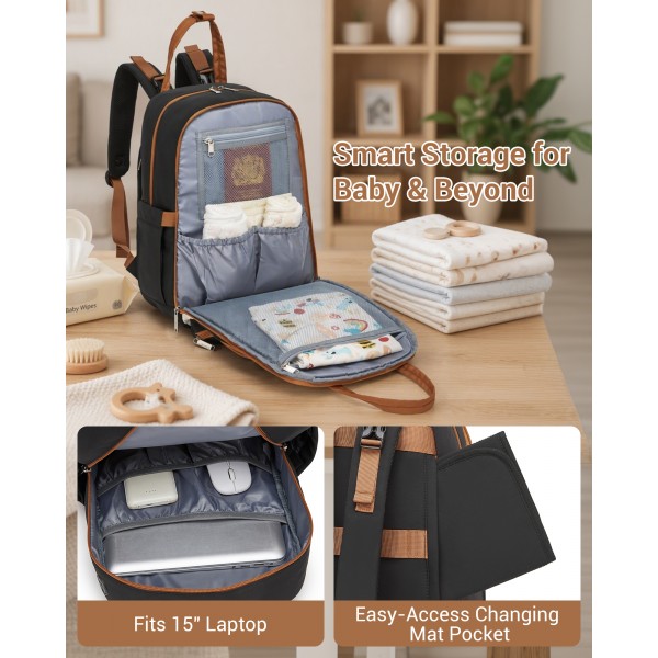 BCK2623 - Kono 2-in-1 Nappy Changing Backpack Set, Large Capacity Diaper Bag With Changing Mat - Black And Beige