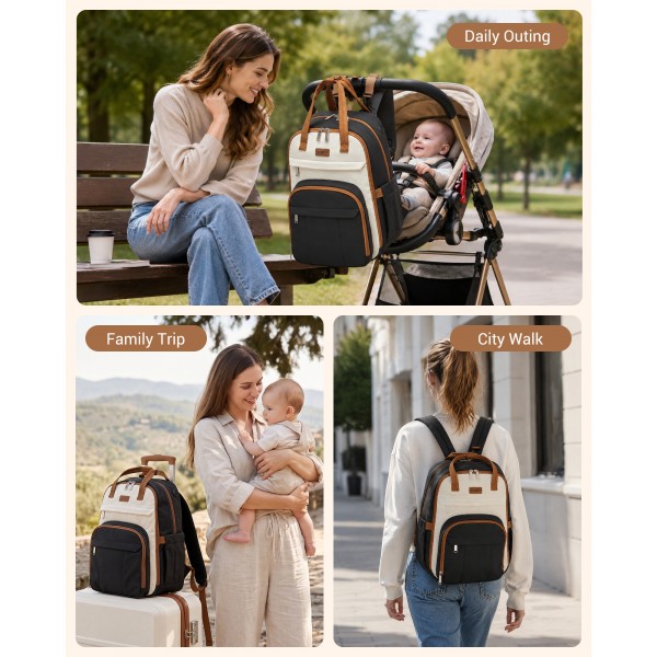 BCK2623 - Kono 2-in-1 Nappy Changing Backpack Set, Large Capacity Diaper Bag With Changing Mat - Black And Beige