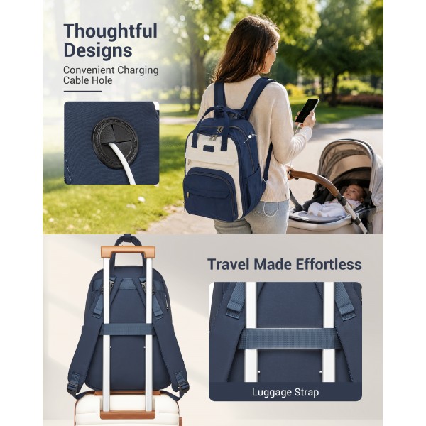BCK2623 - Kono 2-in-1 Nappy Changing Backpack Set, Large Capacity Diaper Bag With Changing Mat - Navy And Beige