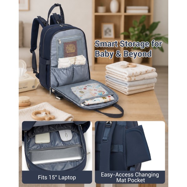 BCK2623 - Kono 2-in-1 Nappy Changing Backpack Set, Large Capacity Diaper Bag With Changing Mat - Navy And Beige