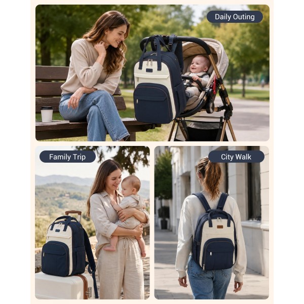 BCK2623 - Kono 2-in-1 Nappy Changing Backpack Set, Large Capacity Diaper Bag With Changing Mat - Navy And Beige