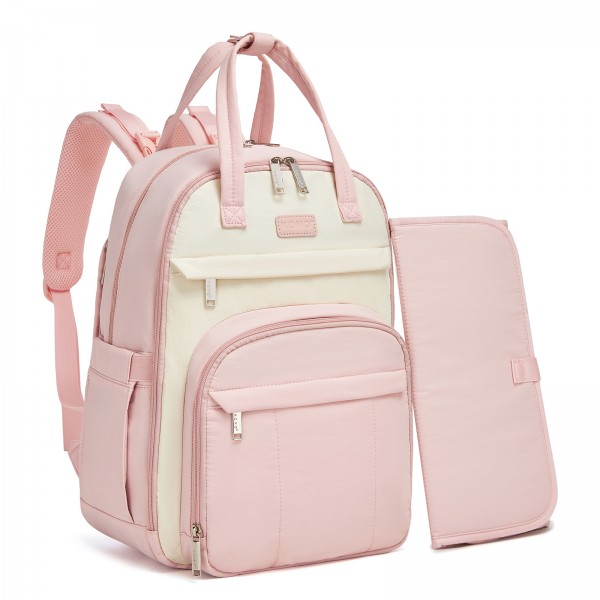 BCK2623 - Kono 2-in-1 Nappy Changing Backpack Set, Large Capacity Diaper Bag With Changing Mat - Pink And Beige