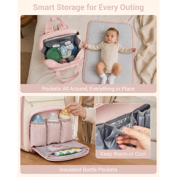 BCK2623 - Kono 2-in-1 Nappy Changing Backpack Set, Large Capacity Diaper Bag With Changing Mat - Pink And Beige