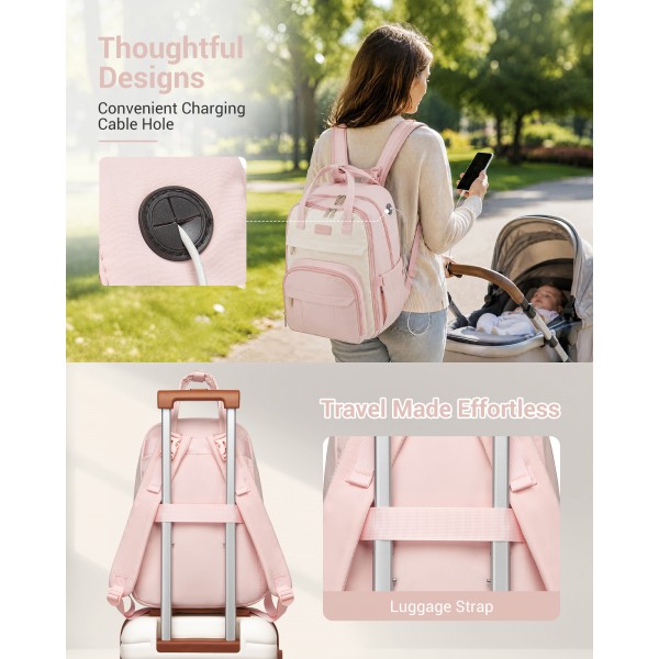 BCK2623 - Kono 2-in-1 Nappy Changing Backpack Set, Large Capacity Diaper Bag With Changing Mat - Pink And Beige