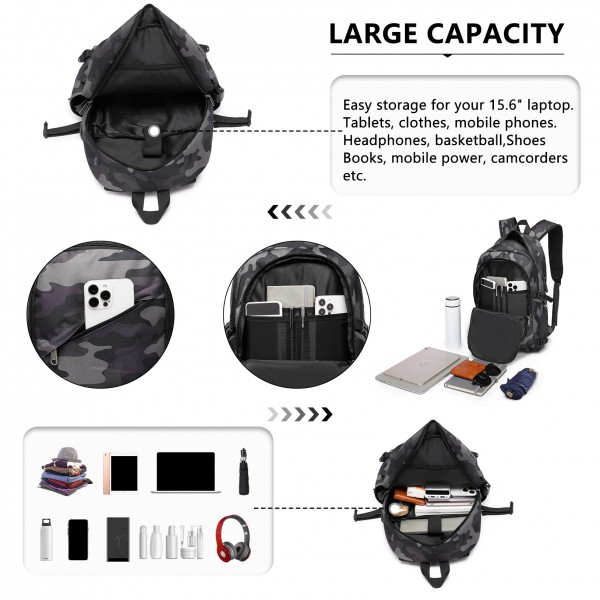 BPK2426 - Kono Minimalist Design Tech Backpack with USB & Type-C Port and Laptop Compartment - Camo