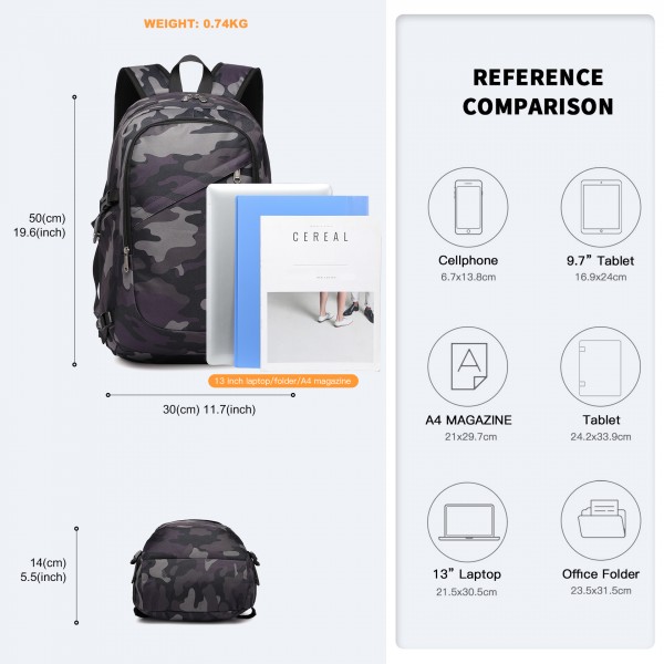 BPK2426 - Kono Minimalist Design Tech Backpack with USB & Type-C Port and Laptop Compartment - Camo