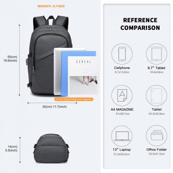BPK2426 - Kono Minimalist Design Tech Backpack with USB & Type-C Port and Laptop Compartment - Dark Grey