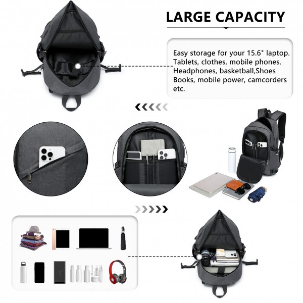 BPK2426 - Kono Minimalist Design Tech Backpack with USB & Type-C Port and Laptop Compartment - Dark Grey