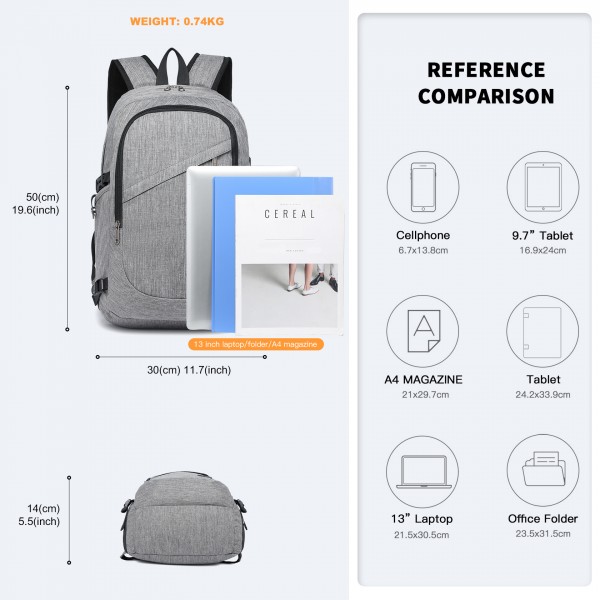 BPK2426 - Kono Minimalist Design Tech Backpack with USB & Type-C Port and Laptop Compartment - Grey