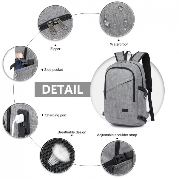 BPK2426 - Kono Minimalist Design Tech Backpack with USB & Type-C Port and Laptop Compartment - Grey