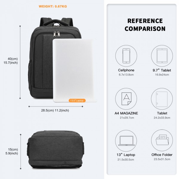 BPK2442 - Kono Commuter Laptop Backpack with USB & Type-C Port, Anti-Theft Pocket, Organised Storage - Black